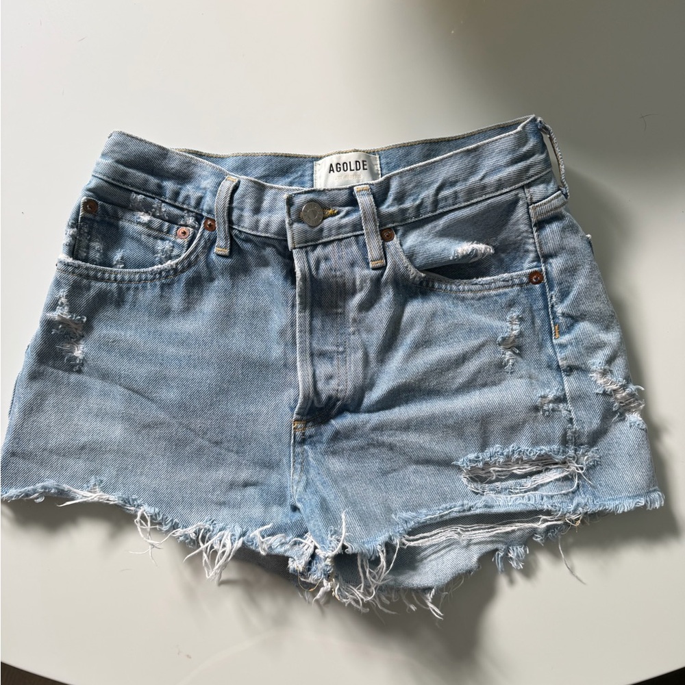 Agolde Light Wash Distressed Denim Shorts